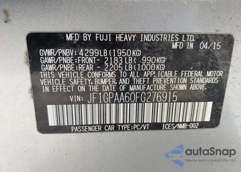 2015 Subaru Impreza 2.0I z USA, uszkodzony, nr VIN JF1GPAA60FG276915